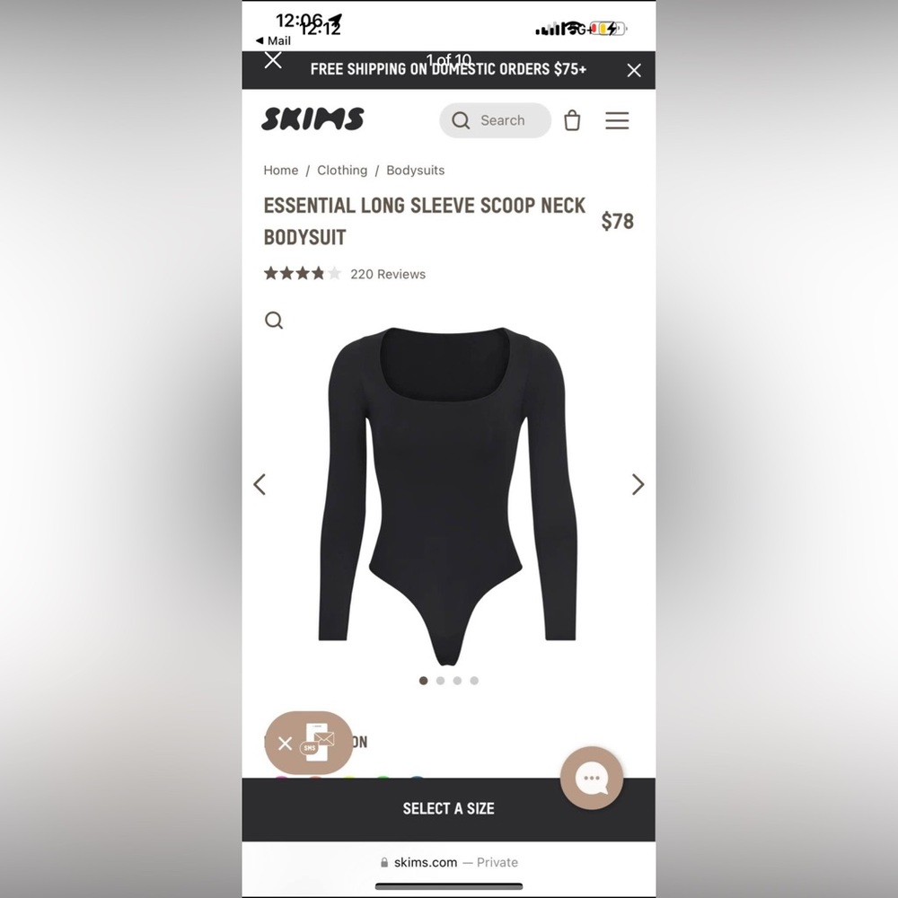SKIMS Black Essential Long Sleeve Scoop Neck Bodysuit - brand new with tags